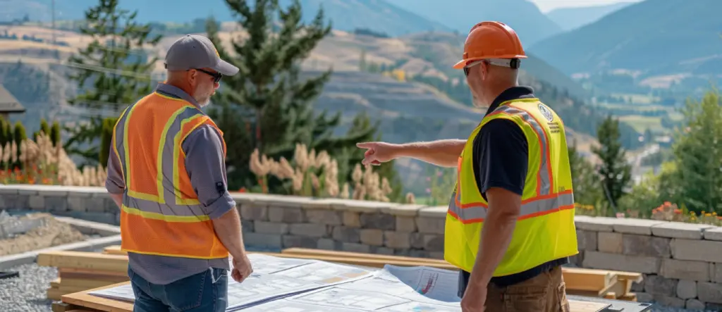 Retaining wall workers consulting on a build