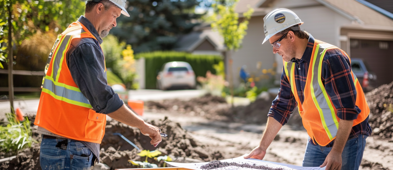 Construction workers planning a driveway installation